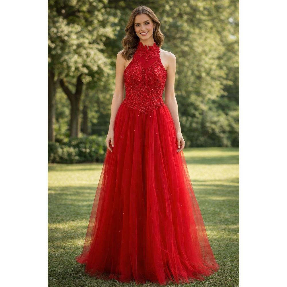 Red Lace Sequin Halter Prom Dress Ball Gown Corset Back Floor Length Formal